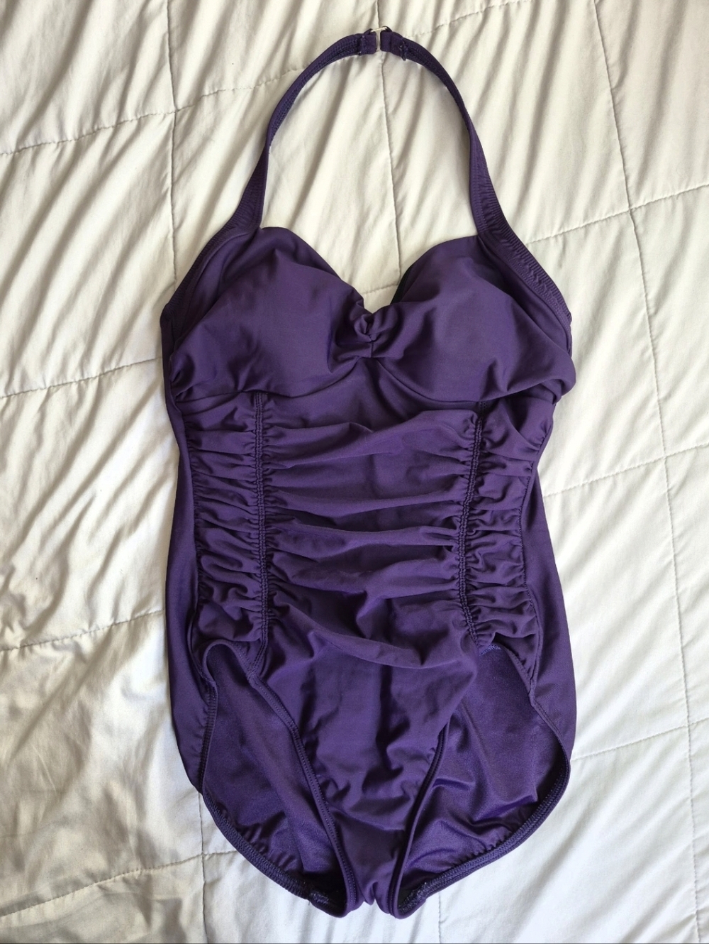 Lands' End Purple Shirred Bodice Halter One Piece Swimsuit, Size 12, EUC